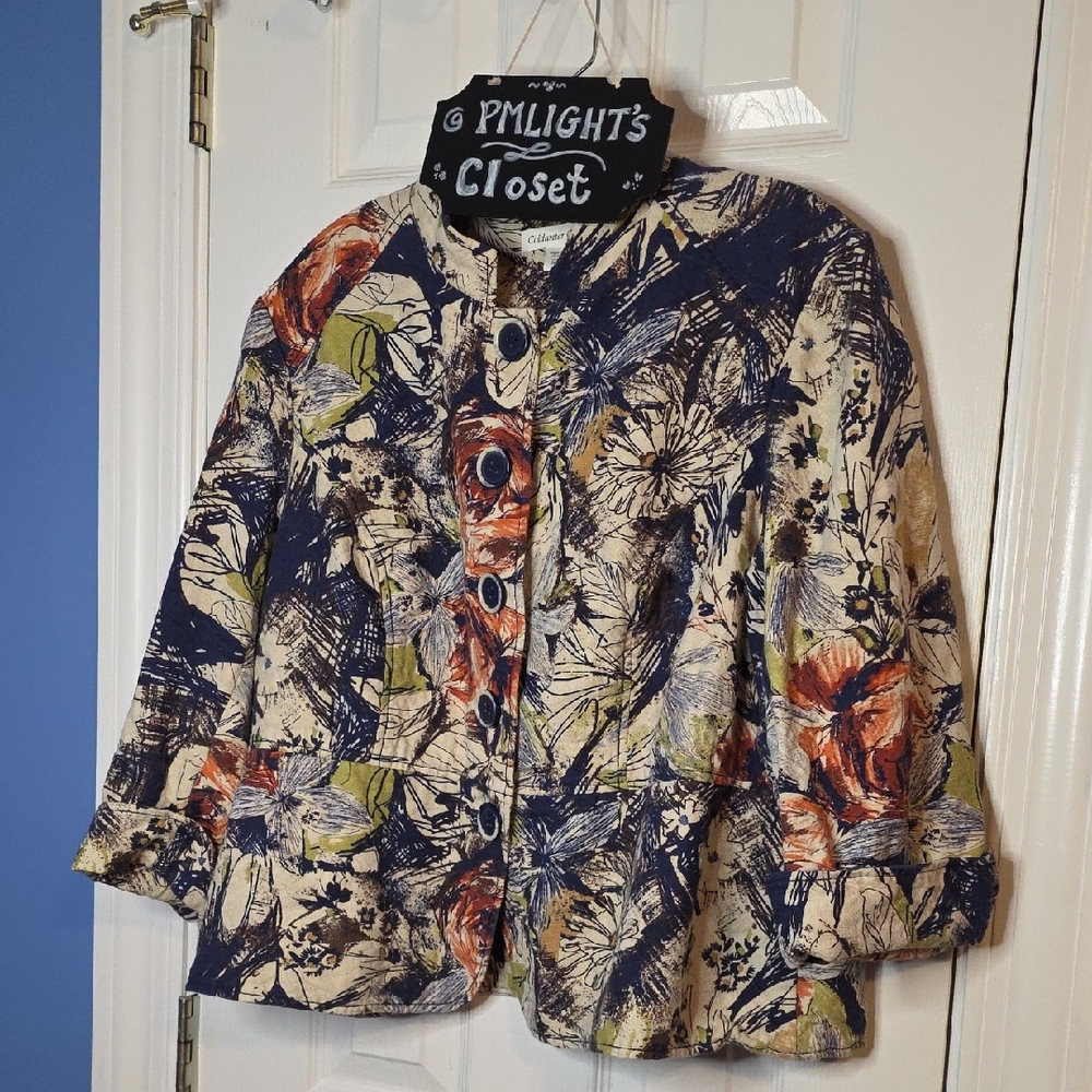 Coldwater Creek Floral Women's Jacket 18W Cream Blue Green Orange Button-up